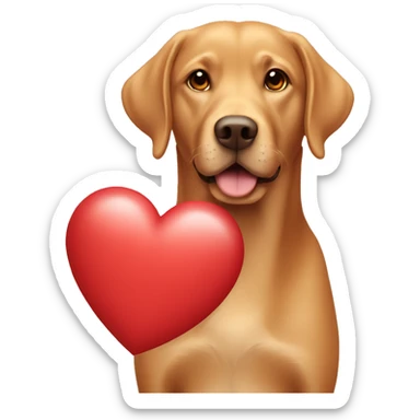 Red Labrador holding a heart sticker