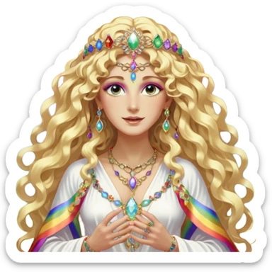 a being made of light pleidian nordic long faces and curly huge thick blond hair but beautiful features of light wearing jewels and a rainbow halo like a saint arount her a robe on made of light and gem  transparent belly dancer and who is lanky holding a bouquet of crystal flowers on rainbow fire sticker