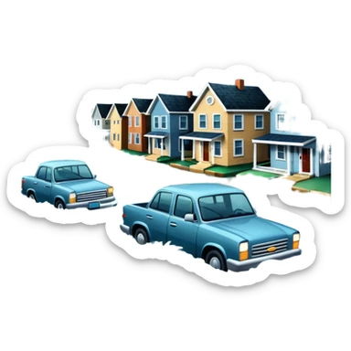 showing a flood disaster scene with strong water waves overflowing streets, partially submerged houses and cars, dark cloudy sky sticker