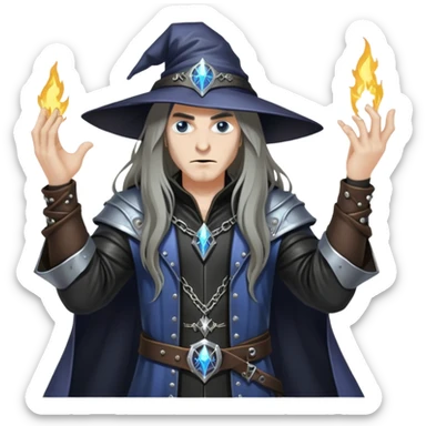 wizard with long hair, heavy metal aesthetic, leather clothes, dark magic sticker