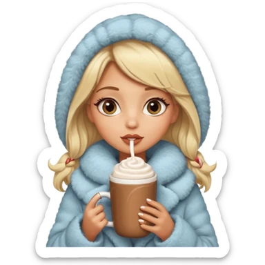 Tanned Girl with lashes , blonde hair, in an extremely big fluffy oversized coat and hold hot chocolate drink and big eyes like dog, big lip sticker