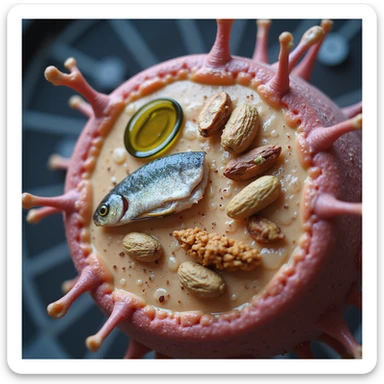 realistic image of human cells with highlighted membranes and sources of good fats (olive oil, fish, nuts) forming a protective barrier around cells, Italian caption 'Grassi: scudo per le membrane cellulari', modern background sticker