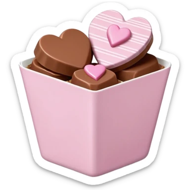 Two glossy square milk chocolate pralines placed diagonally, each in a white ridged paper cup, topped with a soft pastel pink heart icing with subtle sugar sparkle.
Cute minimal emoji-style, realistic and polished, clean studio lighting, pure white background, smooth 3D render, high resolution. sticker