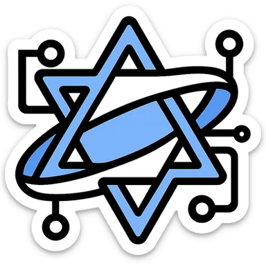 Create an Israeli AI-generated intelligence icon inspired by the reference image. Integrate digital or neural network elements into the Star of David and ring design, emphasizing a modern, tech-inspired look. Use a blue and white color palette suitable for a technology brand. Maintain a transparent background. sticker