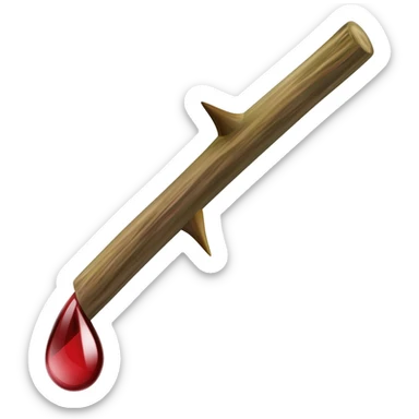 A small twig with a single thorn with a drop of blood falling from the thorn sticker