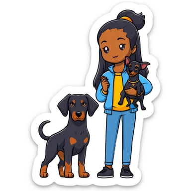 Black girl with long hair holding a Doberman dog sticker