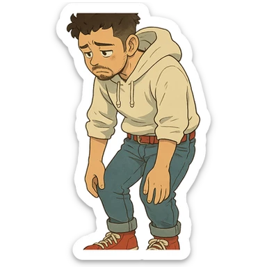 1 male, mid fade haircut dark chestnut brown curly hair, toasted lightskin, white hoodie sleeves up, fashion jeans, red fashion-sneakers shoes, red belt, short trimmed beard and goatee,  style of deku from "my hero academia", doing a "sad" pose sticker