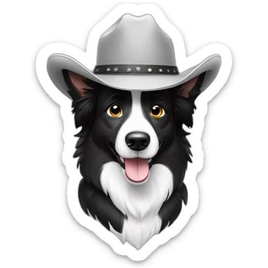 Very happy Border collie with black and white fur wearing a cowboy hat sticker