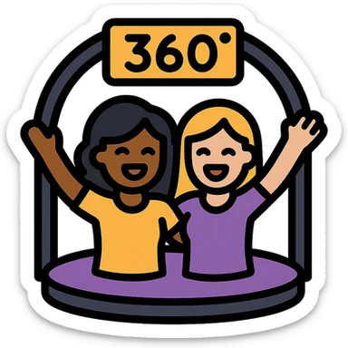 small simple icon of a 360 booth with two women, one Black and one White, smiling and celebrating, with Xyan 360 signage, purple gold and black color scheme sticker