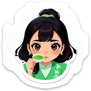 Woman with black hair, brown eyes and Matcha in her hand very girlie sticker