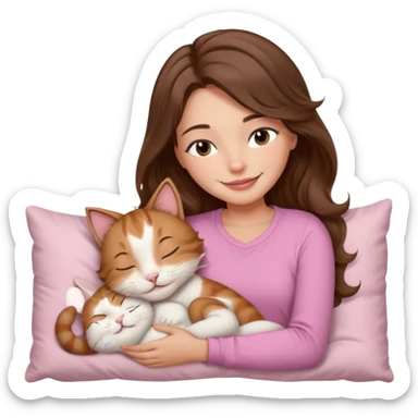 girl with wavy long brown hair, brown eyes, light to medium complexion, long lashes, light pink lipstick, smiling, wearing light pink shirt, sleeping on a cozy pillow, cuddling a cat  sticker