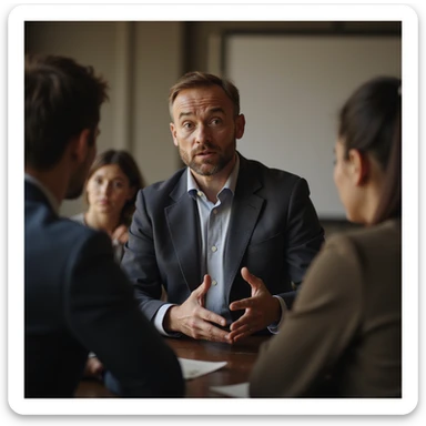 Man interrupting a conversation to talk about his symptoms, wide gestures, staring at the interlocutors to ensure their attention, social environment, hyperrealistic 4K details sticker