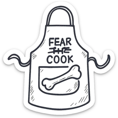 An apron with the text "Kiss the Cook" scratched out and replaced with "Fear the Cook", featuring a giant rib bone as a weapon sticker