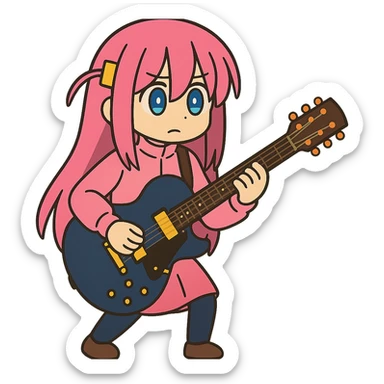 Bocchi the Rock in a pink costume with a guitar sticker