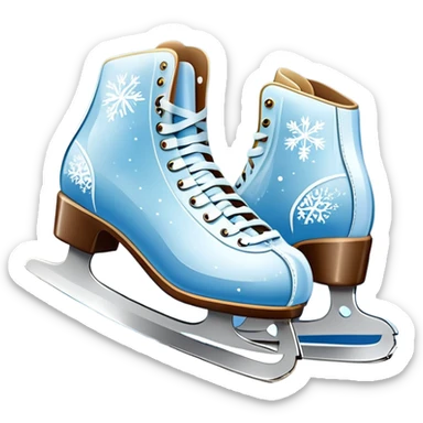 An icon showing In the background, twinkling lights, winter trees, and cheering spectators create a festive atmosphere. a pair of elegant ice skates gliding across a smooth, frozen rink with snowflakes in the air. Transparent background highlights the grace and charm of ice skating. sticker