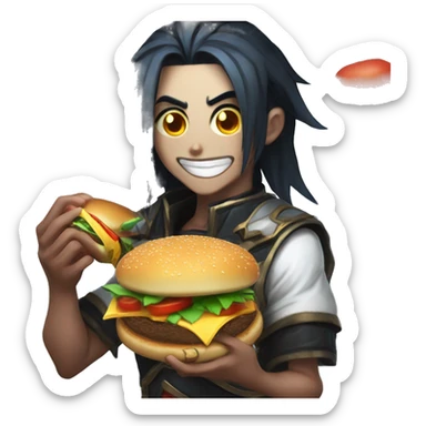 kayn from league of legends eating an hamburger 2d anime sty sticker