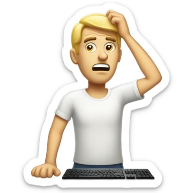 puzzled man scratching head and reading computer which says "VV" on the back. sticker