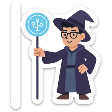 flat toon style tech wizard with modern glasses and digital staff sticker