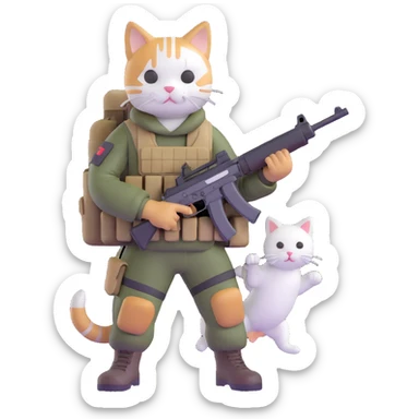 Man in tactical airsoft gear holding a gun in one hand and a white and brown cat in the other hand sticker