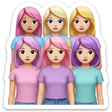 group portrait of five girls standing together, each with different hair colors and pastel tops, emoji style sticker