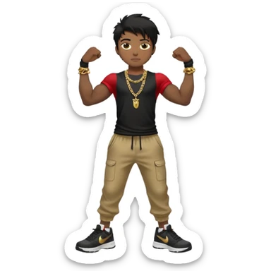 full body view of muscular teen boy with veiny hands arms and biceps. has messy black hair with dark-tan skintone with black tshirt. has gold chain and nike shoes with baggy pants sticker