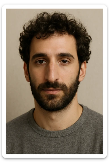 portrait of a white male with curly dark brown hair, beard, large nose, attractive sticker