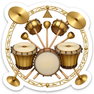 Create a heraldic, festive, and professional emblem-like emoji representing percussion instruments. The design should resemble a traditional crest, featuring a variety of percussion instruments such as cymbals, triangle, tambourine, maracas, timpani, bongo drums, and other traditional folk percussion instruments. Arrange them symmetrically, with cymbals crossing each other, the triangle at the center, and timpani or bongo drums flanking the sides. Include tambourines and maracas prominently, adding rhythm and texture. A flowing ribbon of musical notes should elegantly weave through the instruments, enhancing the sense of movement and celebration. Add intricate decorative patterns on the instruments, along with ornamental swirls, laurels, or flourishes to elevate the festive and heraldic feel. The overall composition should be balanced, harmonious, and visually striking, with an elegant and professional look. The background should be transparent. sticker