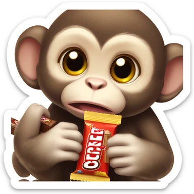 a baby monkey eating a kit-kat sticker