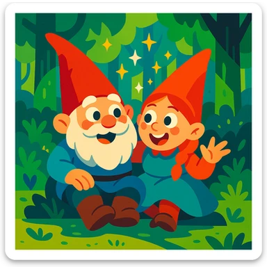 two gnomes in a forest, sitting together, expressive faces, magical sparkles, playful, vibrant toon style sticker