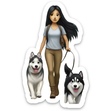 Long black hair pale girl walking husky dog sticker
