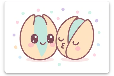 cartoon pistachios, one kissing the other on the cheek, simple background, adorable style sticker