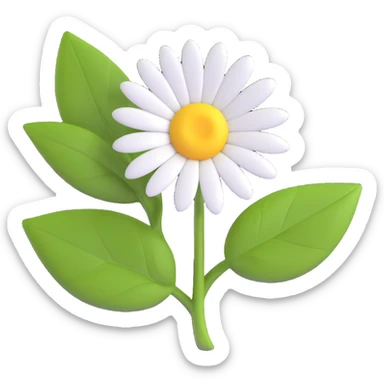 a daisy flower with white petals, yellow center, green leaves sticker