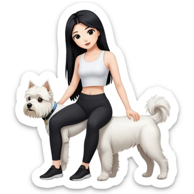 A girl with long black hair in a white crop top and black leggings holding a west highland terrier sticker