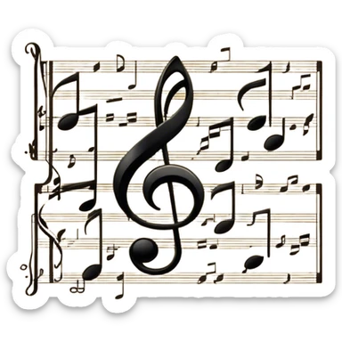 Cinematic Realistic Music Notes, crisp black ink on vintage sheet music, slightly curled edges, soft candlelight casting subtle shadows, glowing with an artistic and nostalgic charm. sticker