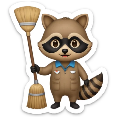 raccoon cleaner emoji, round face, holding a broom, simple and expressive, apple emoji style sticker