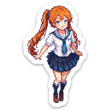 anime girl in school uniform, orange hair in side ponytail, blue eyes, standing in a courtyard with cherry blossom petals, skirt and hair fluttering in breeze, cheerful expression sticker