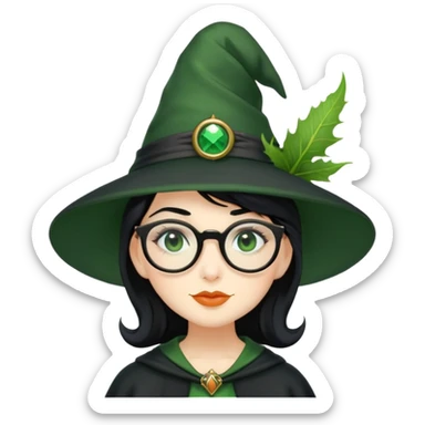 Green witch, blak hair, Windsor glasses, black hat sticker