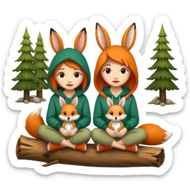 two forest women with cute fox and rabbit hoodies sitting together on log sticker