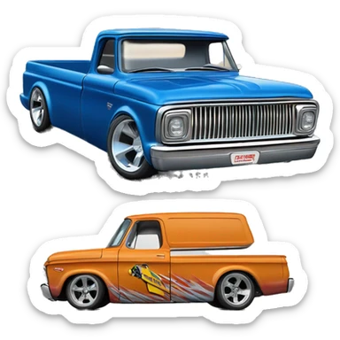 Side shot, Hot wheels, Hot rod, large panel truck, 1964 with exposed chrome exhaust pipes, blue, large wheels in back small front wheels  sticker