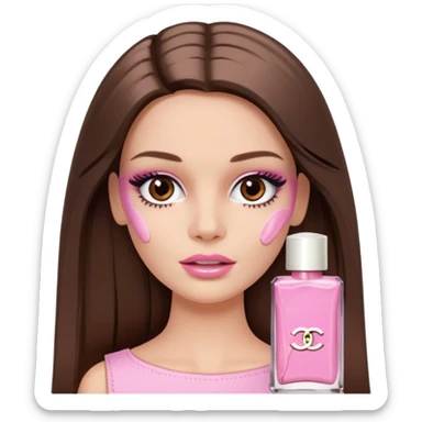 Barbie girl a brown long Straight hair and brown eyes is In pale pink smears by hand cosmetic cream Chanel on her face sticker