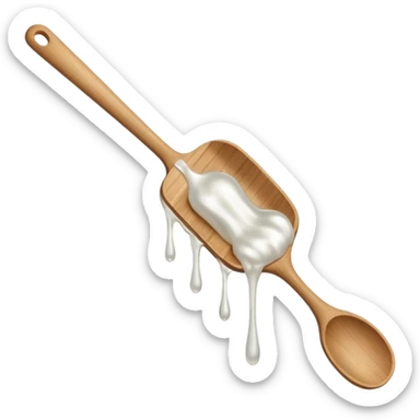 a close-up, minimalist shot of a viscous, pearly substance slowly dripping from a wooden spatula against a neutral gray background. sticker