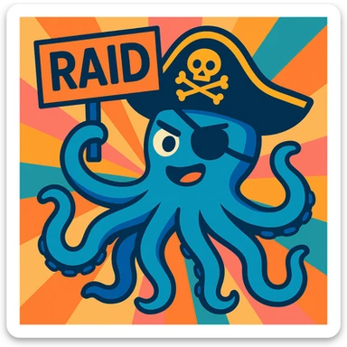 a blue octopus pirate holding a RAID sign, vibrant, modern illustration style, colorful and dynamic sticker