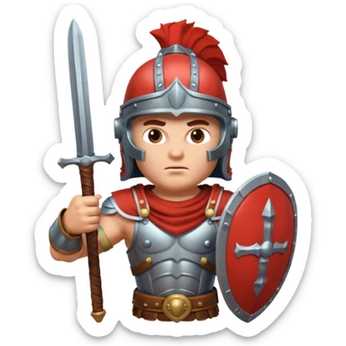 An emoji of the Roman god Mars. He is a warrior with a helmet and armor, holding a sword and shield, with a fierce expression. sticker