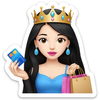 Girl with long black hair and tiara pink lipstick, brown eyes holding shopping bags and blue credit card sticker