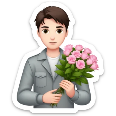 A cool bad boy with fair skin holding a bouquet of pink jasmine roses sticker