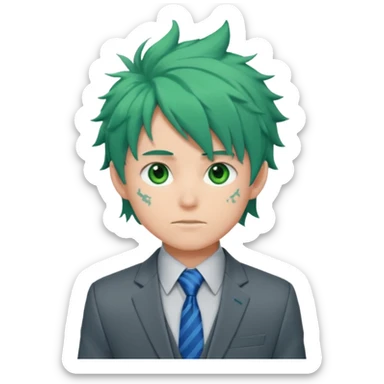 deku : boy anmie green hair green eyes in a ua gray jacket and blue tie suit with frenkles messy hair sticker