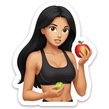 bitten apple in hand, long black hair tanned woman, black sports bra, hot sticker