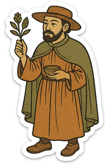 A full body medieval male doctor holding a herbal remedy remove the mask sticker
