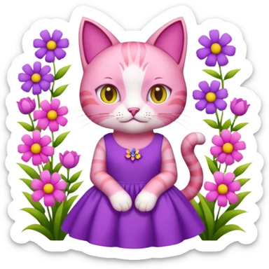 Pink cat wearing a cute purple dress surrounded by lots of flowers  sticker