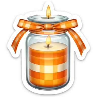Candle in jar with an orange checkered ribbon sticker